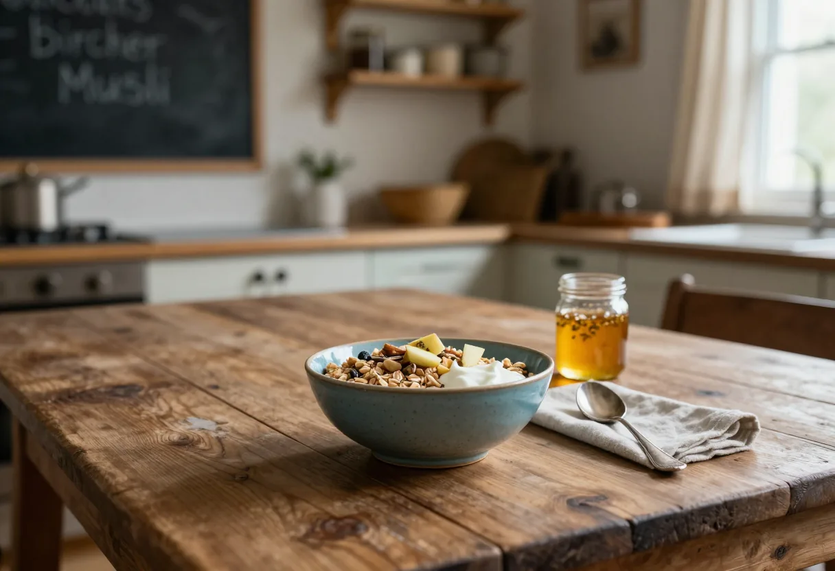 Sunlit rustic wooden table in a kitchen, Bircher Bowl Guide.