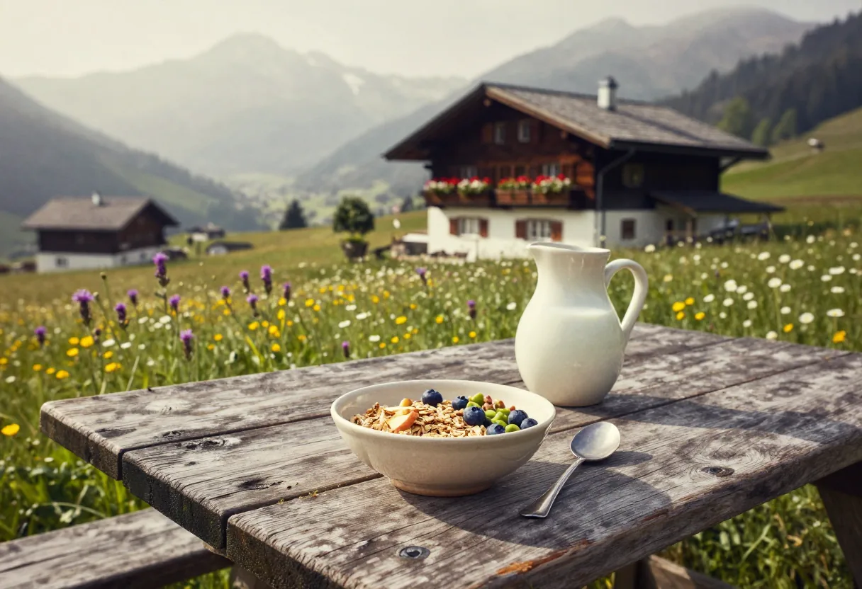 Weathered wooden table in sunlit Swiss alpine meadow. Bircher muesli.