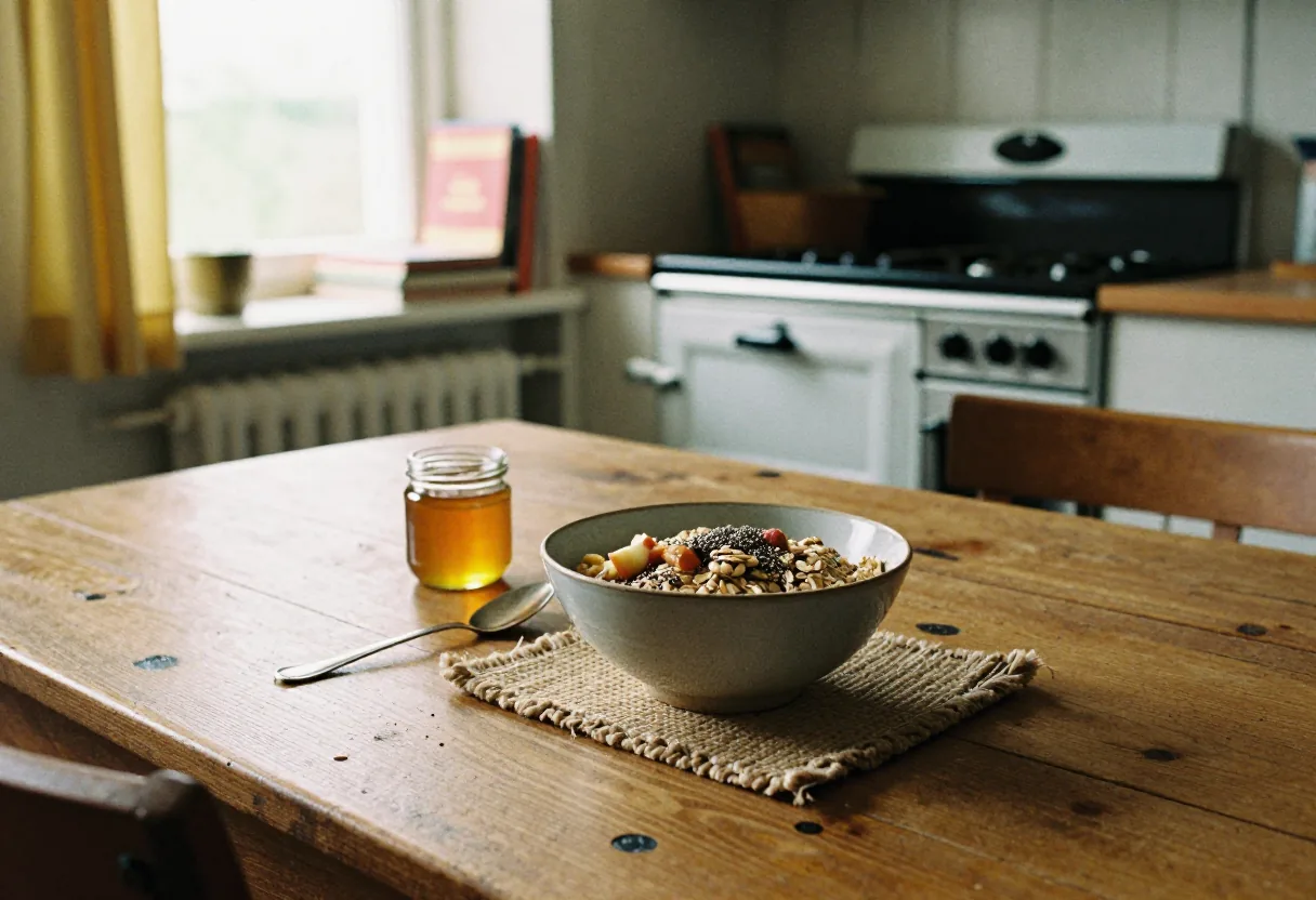 Sunlit kitchen with bowl of chia seed oats on worn wooden table, cozy cottage setting.