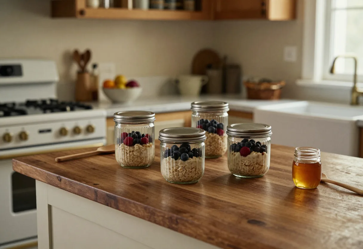 Glass jars filled with layered overnight oats on a sunlit kitchen counter, containers for overnight oats.