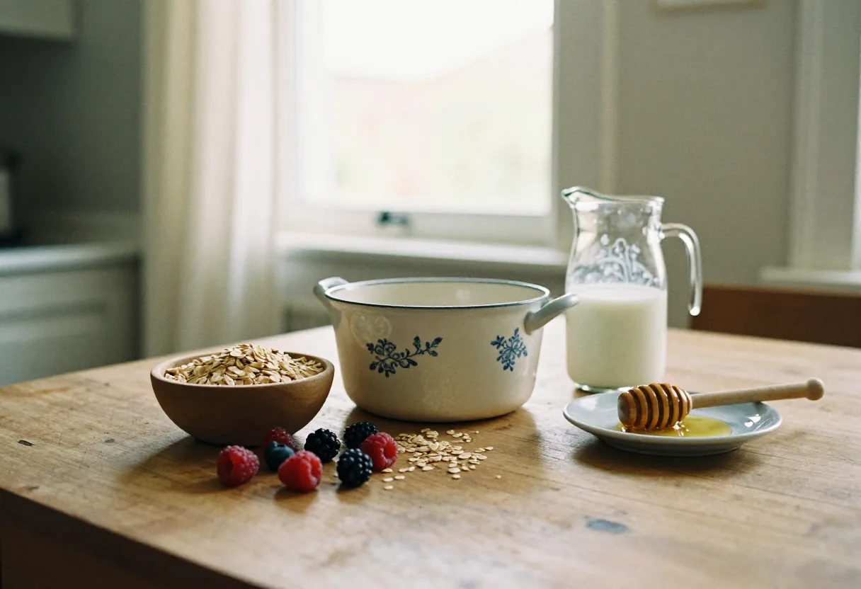 Overnight oats in a jar, with toppings on a sunlit kitchen counter. Overnight oats recipe.