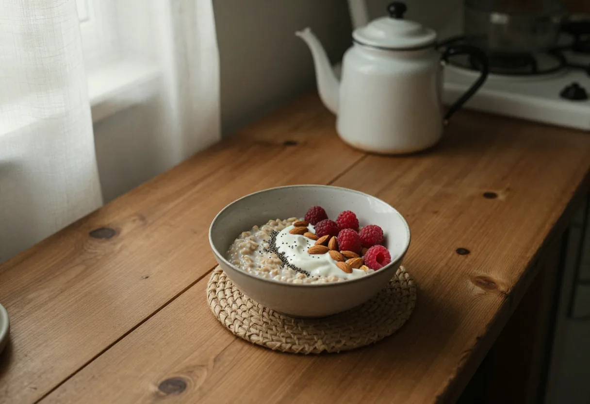 Morning light on rustic table with overnight oatmeal and chia seeds bowl.