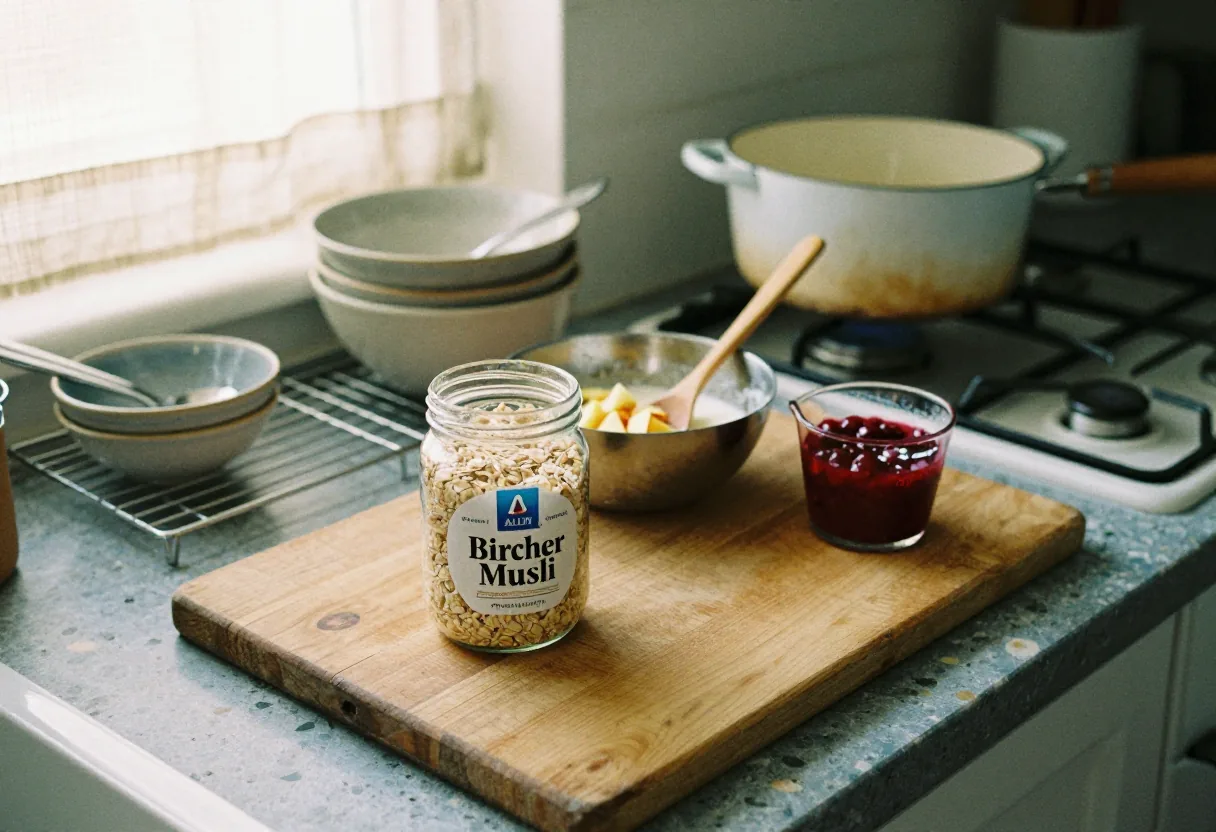 Sunlit kitchen counter with overnight oats, Aldi ingredients, and a 35mm lens view.
