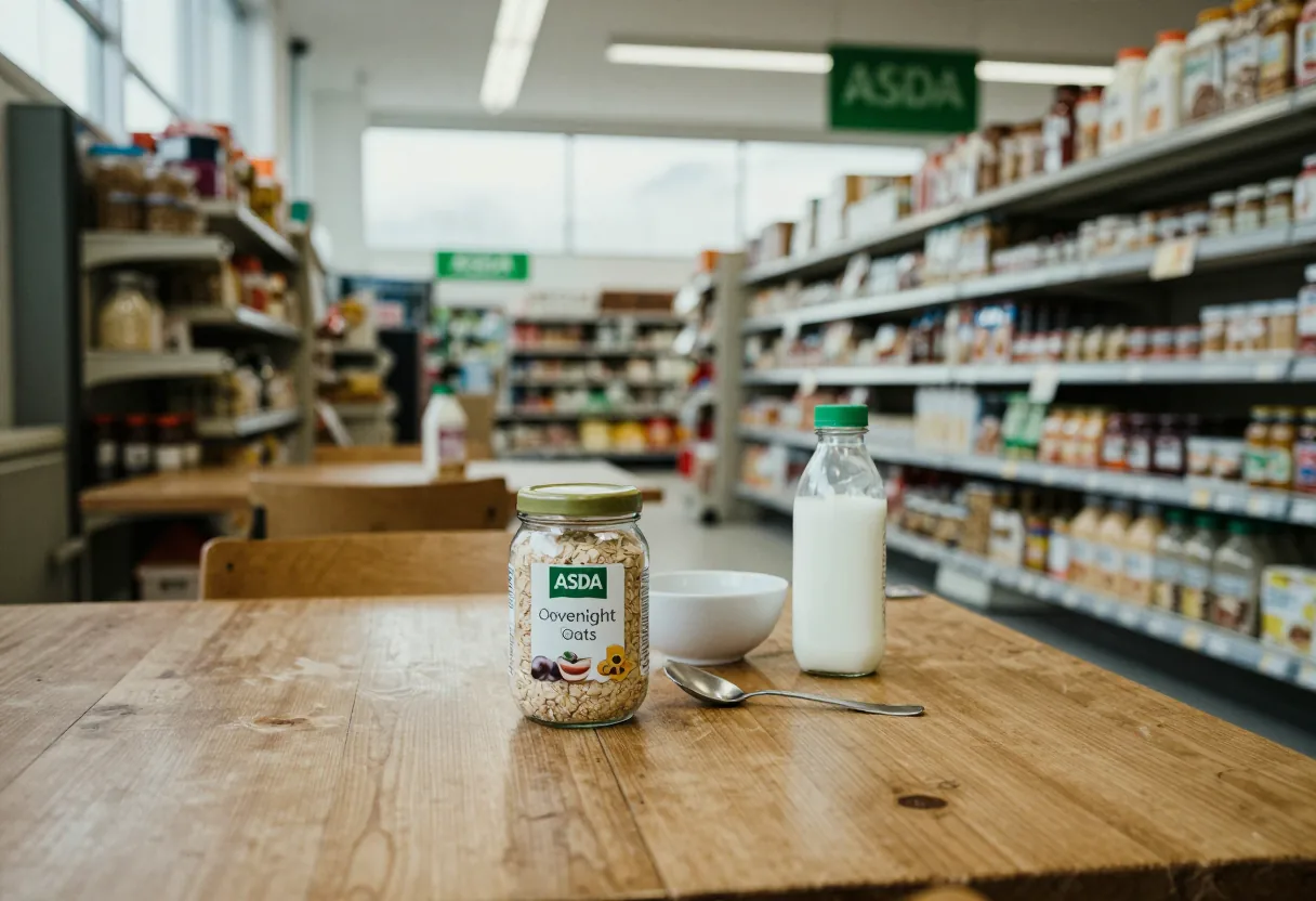 Asda breakfast aisle at dawn, overnight oats on shelves, deserted supermarket.