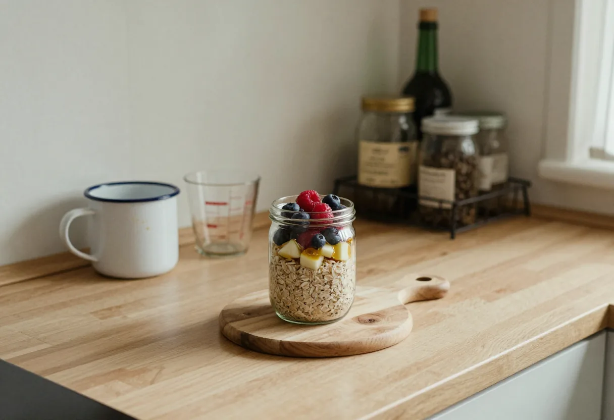 Morning kitchen counter with overnight oats jar, showcasing healthy breakfast choice.