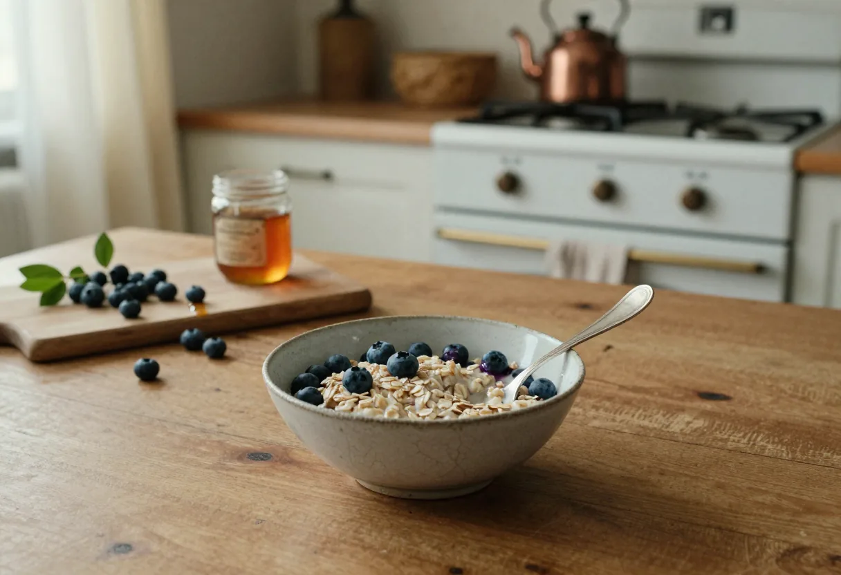 Morning kitchen table with bowl of overnight oats topped with blueberries, sunlight streaming in.