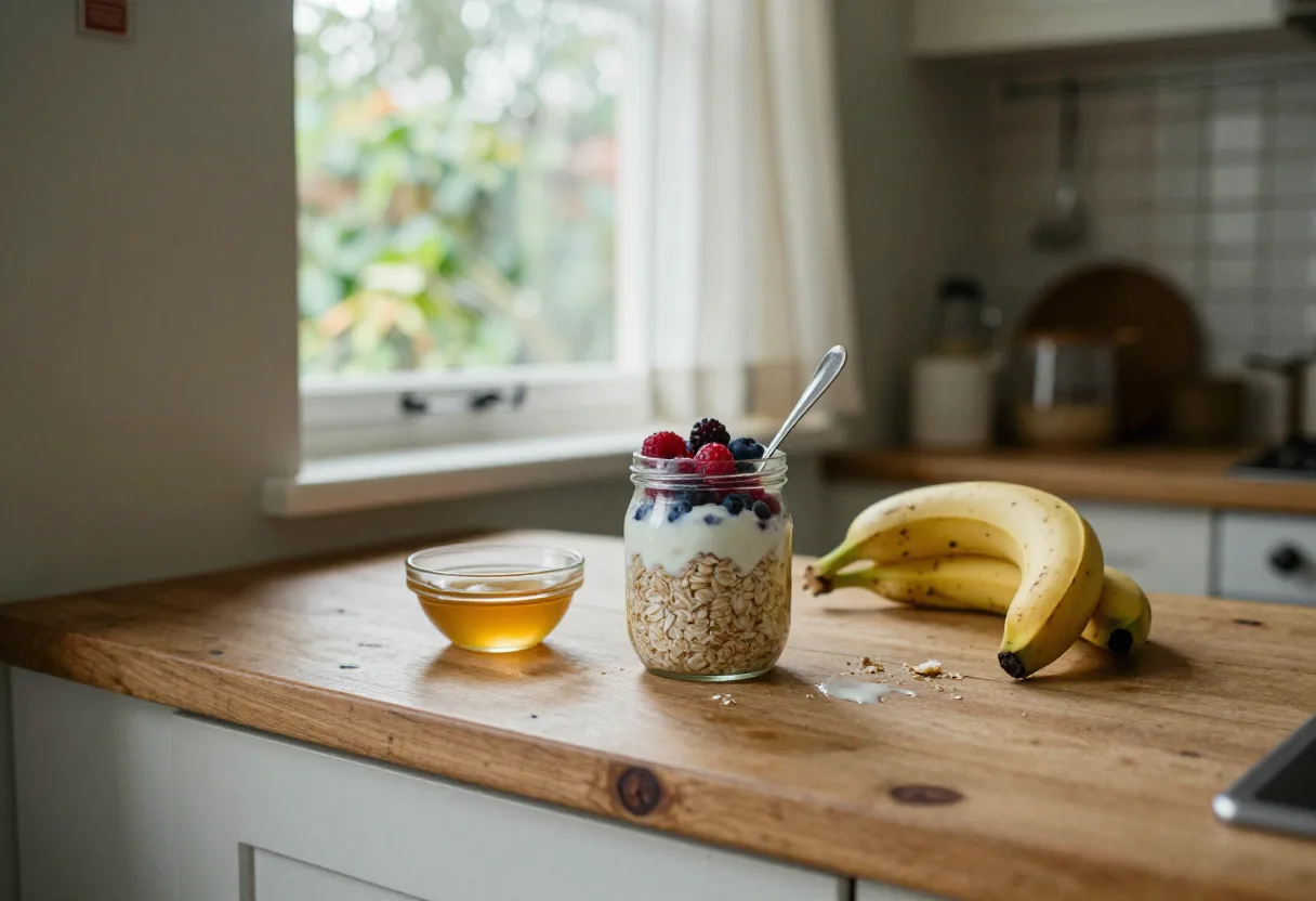 Morning kitchen counter with jar of overnight oats, sunlight streaming through sheer curtains.