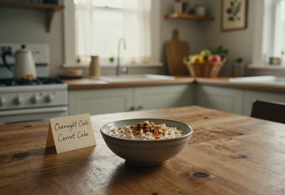 Overnight oats carrot cake in a jar on a wooden table, morning light.