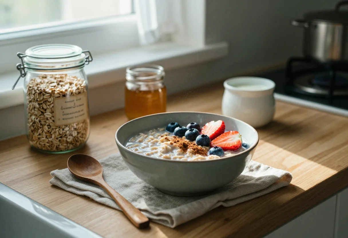 Sunlit kitchen counter with overnight oats in a jar, spoon, and toppings.