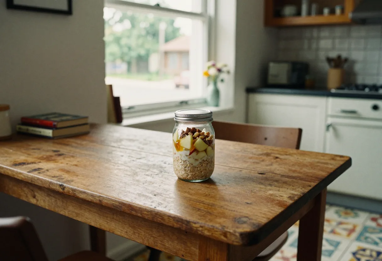 A mason jar filled with layered overnight oats on a breakfast nook table.