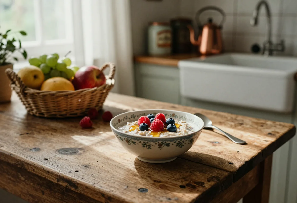 A jar of overnight oats kefir on a sunlit wooden table in a kitchen.