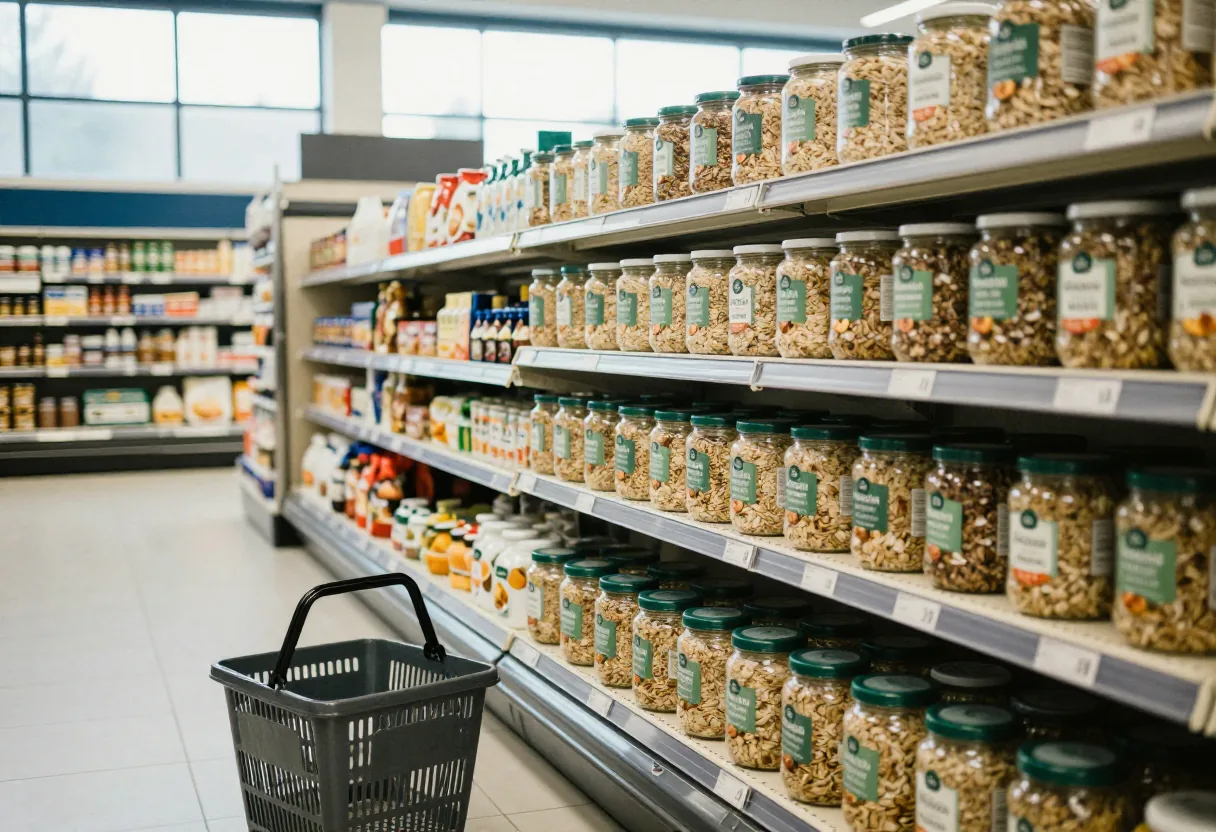 Morning light illuminates overnight oats in a deserted Morrisons breakfast aisle.