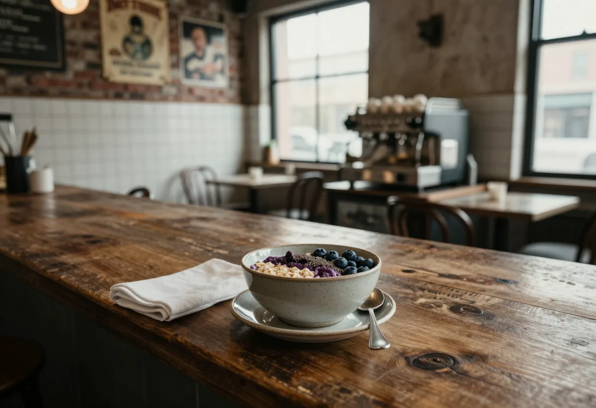 Dawn-lit café counter with rustic bowl of bircher muesli overnight oats. Overnight Oats Near Me.