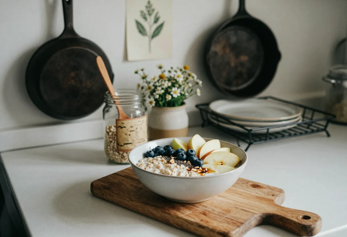 Sunlit kitchen counter with overnight oats jar, spoon, and ingredients for no yogurt recipe.