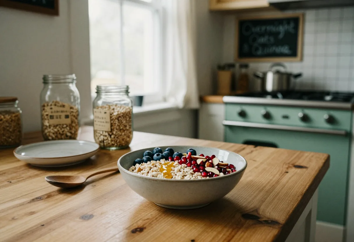 Breakfast nook with overnight oats quinoa bowl, sunlight streaming in, cozy kitchen setting.