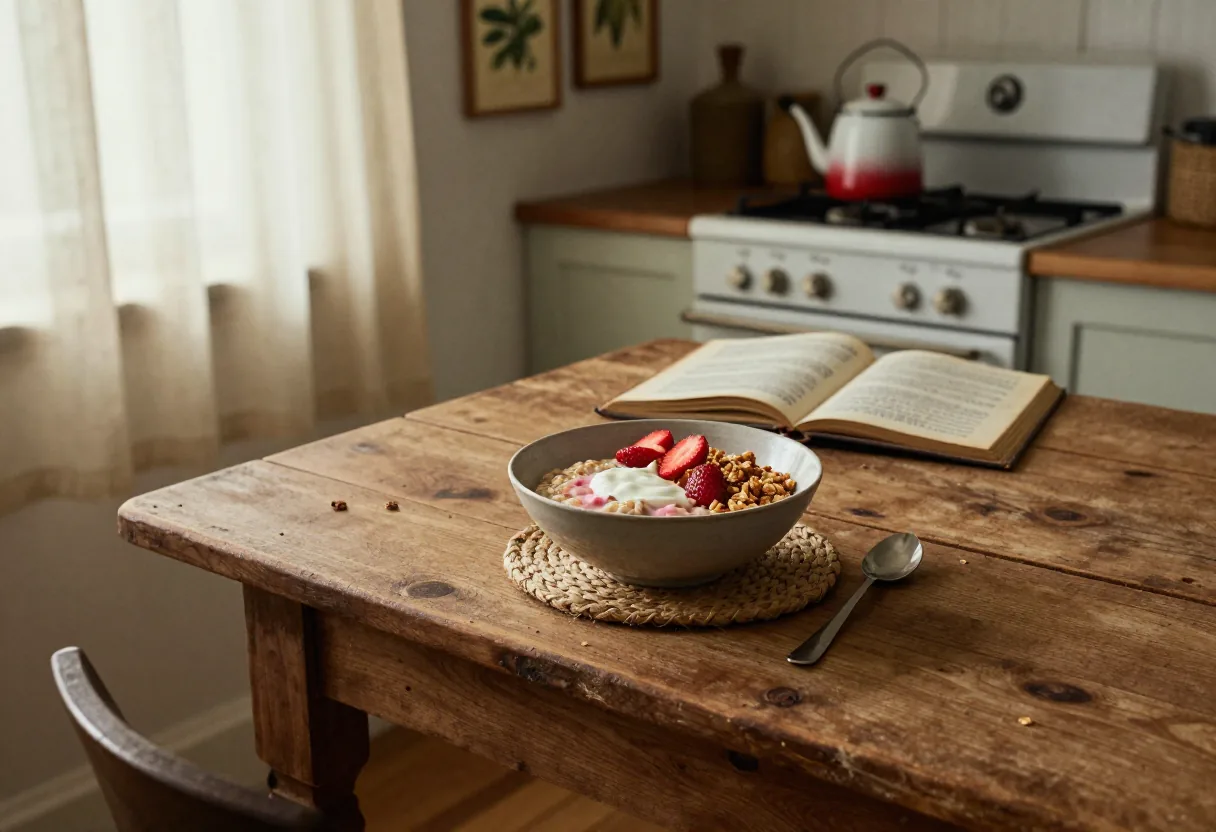 Overnight oats strawberry cheesecake in a jar on rustic wooden table, sunlight streaming in.