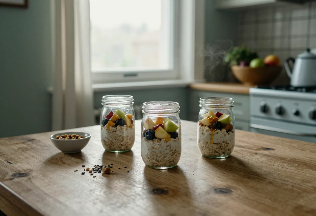 Three glass jars filled with layered overnight oats on a wooden table, dawn light.