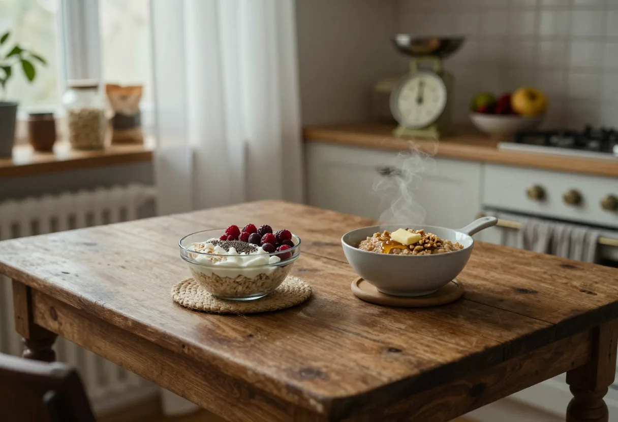 Two bowls of breakfast cereals on a worn wooden table in a quiet kitchen.