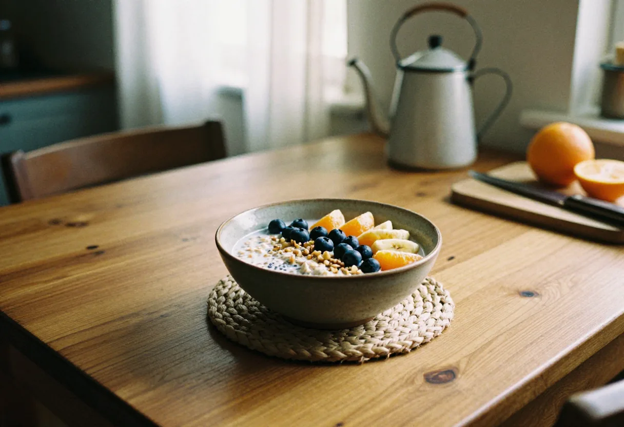 Sunlit kitchen table with overnight oats in a glass jar, wooden spoons.