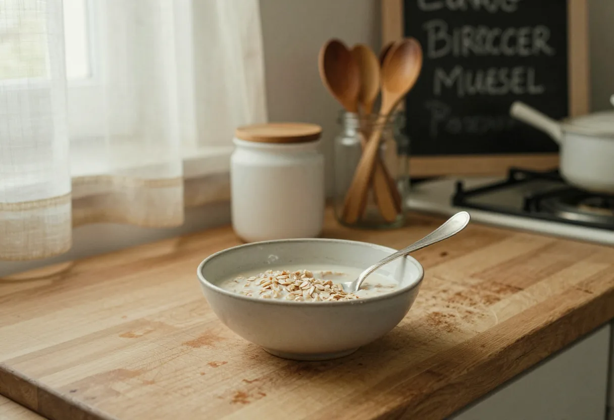 Sunlit kitchen counter with jar of overnight oats, plain oats and milk visible.